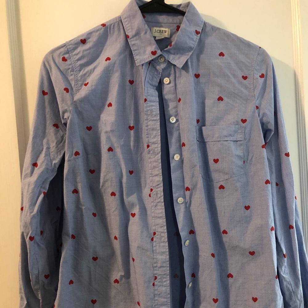 Blue perfect fit button down dress shirt with little red hearts